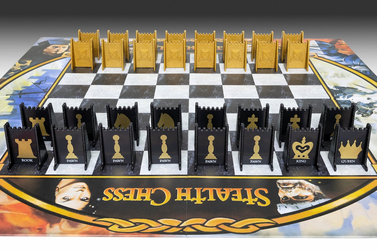 Stealth Chess game board set up with pieces