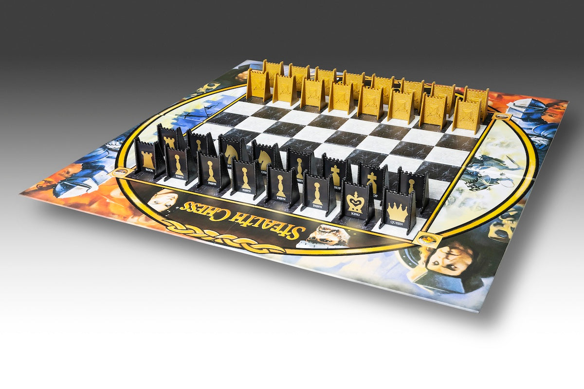 Stealth Chess game board set up with pieces