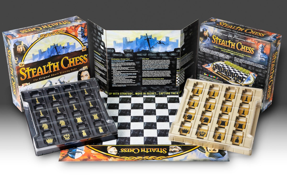 Stealth Chess and all components, including game board, rules board, and pieces